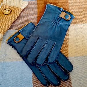 Barneys Blue Leather Tan Trim Lambswool-Lined Gloves - Sz M (8.5)